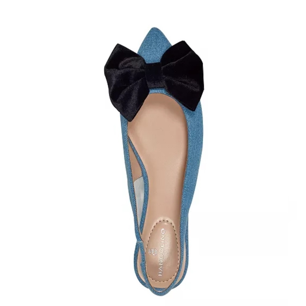 Bandolino Simona Denim Pointy Slingback Flats with Black Velvet Bow - Picture 3 of 8
